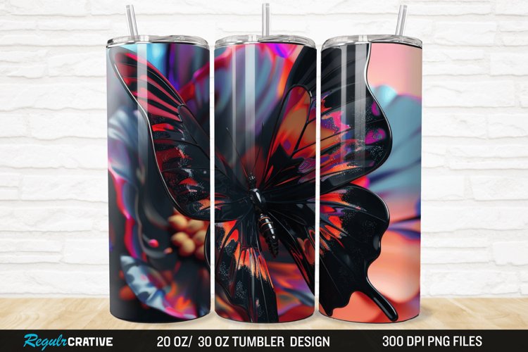 3D Black Butterfly Flower 20/30oz Skinny Tumbler example image 1
