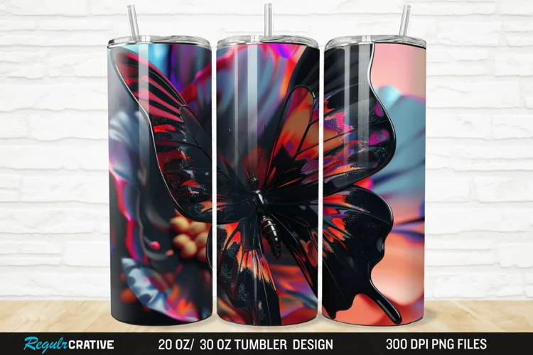 3D Black Butterfly Flower 20/30oz Skinny Tumbler