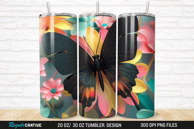 3D Black Butterfly Flower 20/30oz Skinny Tumbler example image 1