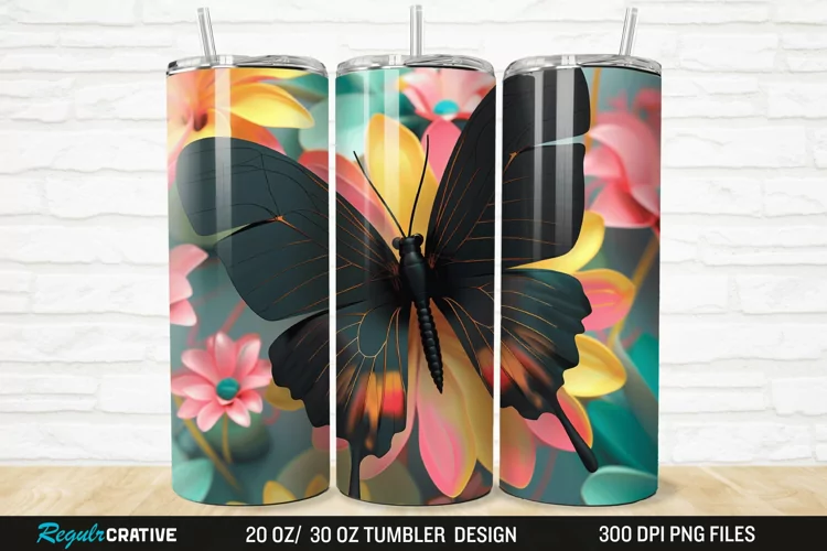 3D Black Butterfly Flower 20/30oz Skinny Tumbler