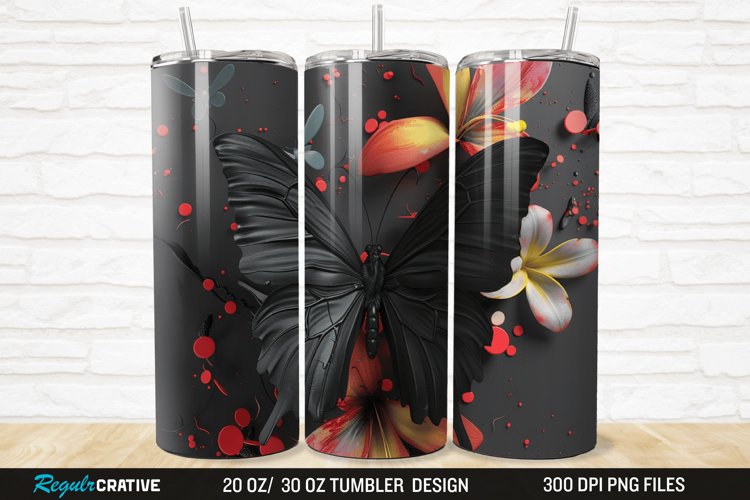 3D Black Butterfly Flower 20/30oz Skinny Tumbler example image 1