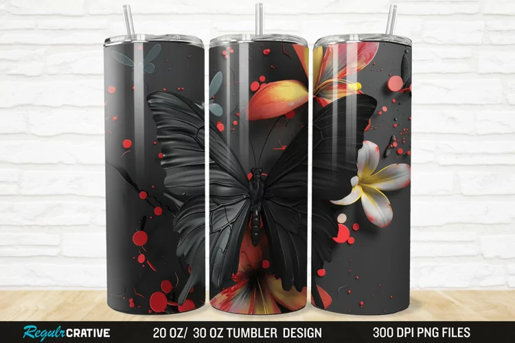 3D Black Butterfly Flower 20/30oz Skinny Tumbler