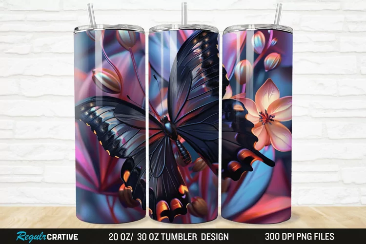 3D Black Butterfly Flower 20/30oz Skinny Tumbler