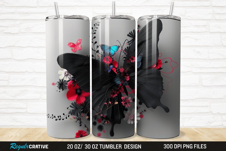 3D Black Butterfly Flower 20/30oz Skinny Tumbler example image 1
