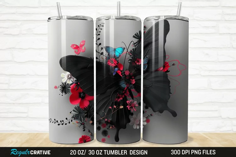 3D Black Butterfly Flower 20/30oz Skinny Tumbler