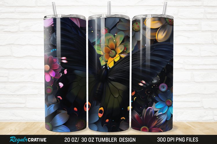 3D Black Butterfly Flower 20/30oz Skinny Tumbler example image 1