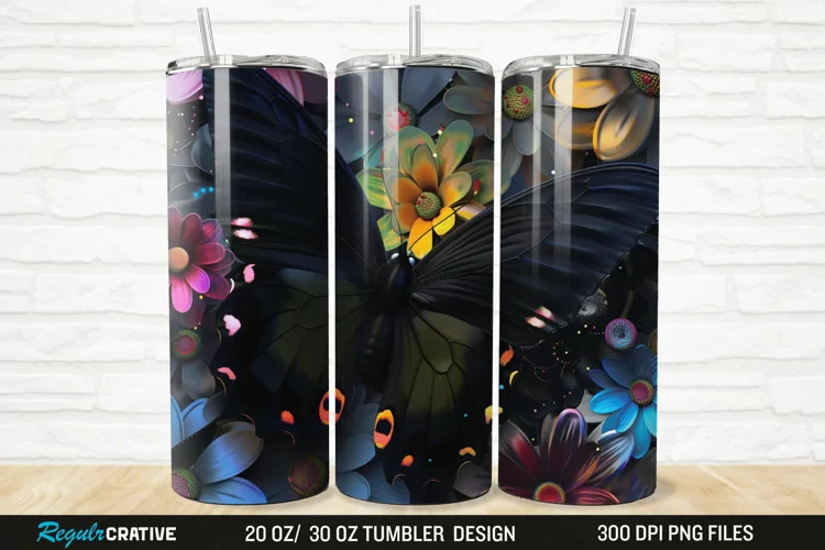 3D Black Butterfly Flower 20/30oz Skinny Tumbler