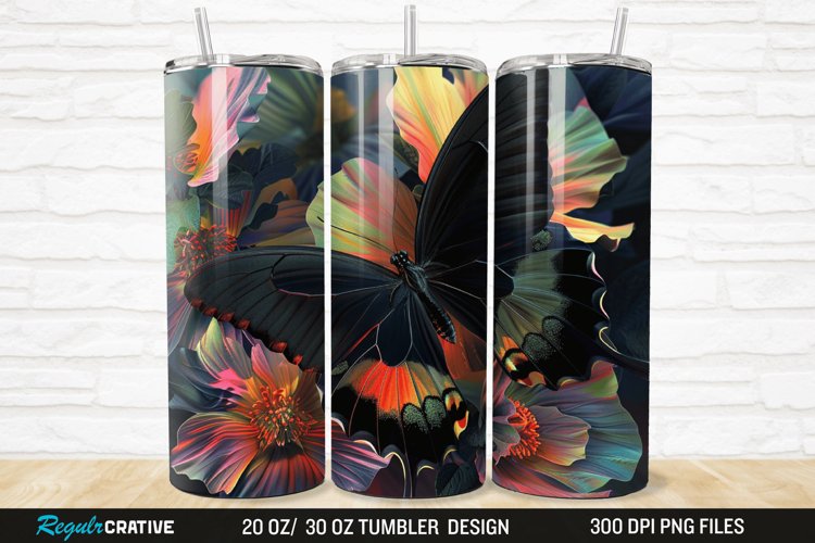3D Black Butterfly Flower 20/30oz Skinny Tumbler example image 1