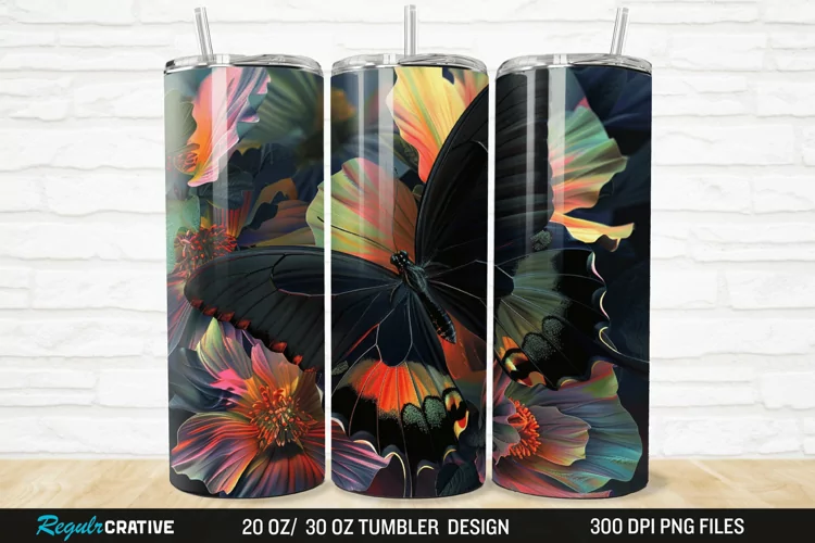 3D Black Butterfly Flower 20/30oz Skinny Tumbler