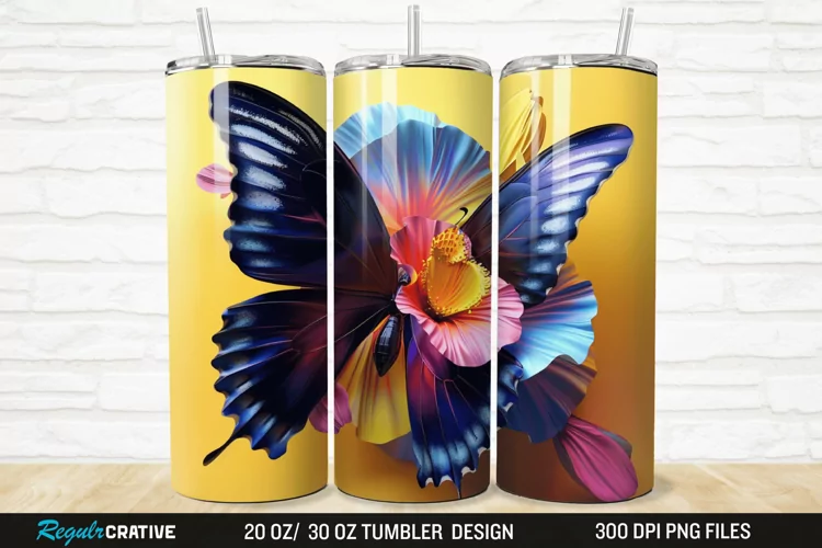 3D Black Butterfly Flower 20/30oz Skinny Tumbler