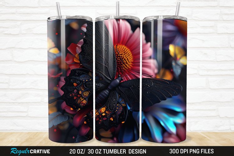 3D Black Butterfly Flower 20/30oz Skinny Tumbler example image 1