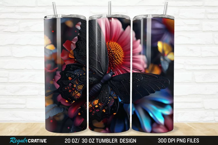 3D Black Butterfly Flower 20/30oz Skinny Tumbler