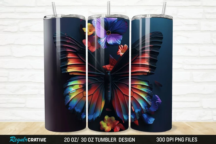 3D Black Butterfly Flower 20/30oz Skinny Tumbler