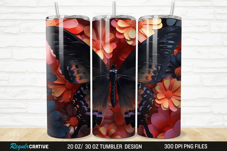 3D Black Butterfly Flower 20/30oz Skinny Tumbler