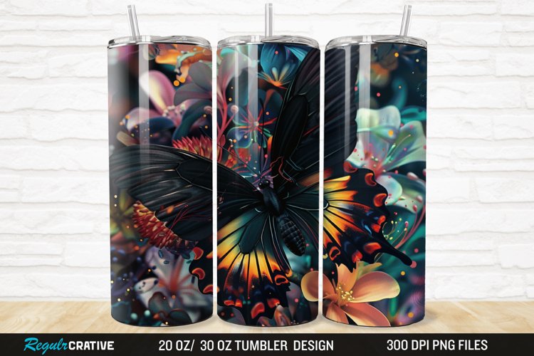 3D Black Butterfly Flower 20/30oz Skinny Tumbler example image 1