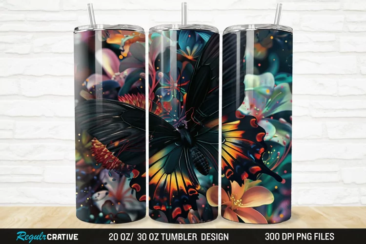 3D Black Butterfly Flower 20/30oz Skinny Tumbler