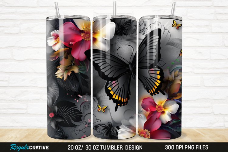 3D Black Butterfly Flower 20/30oz Skinny Tumbler example image 1