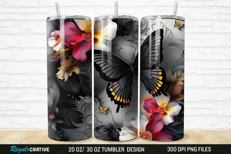 3D Black Butterfly Flower 20/30oz Skinny Tumbler