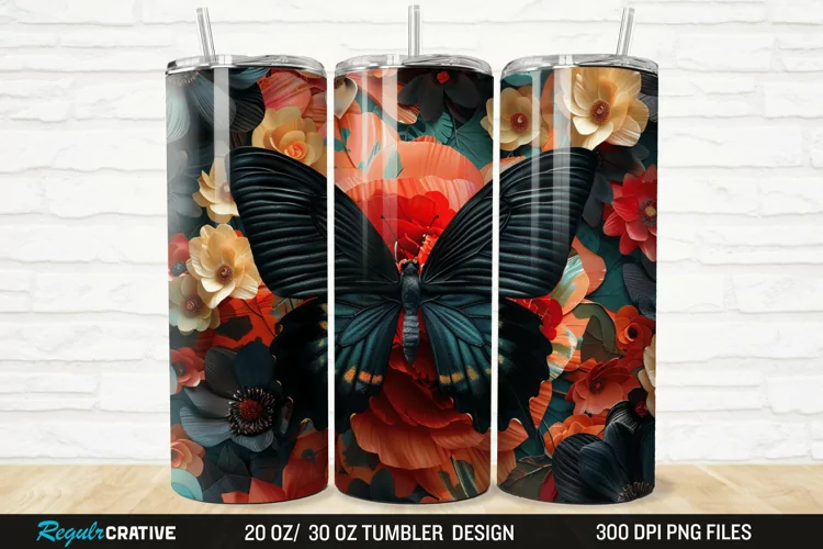 3D Black Butterfly Flower 20/30oz Skinny Tumbler