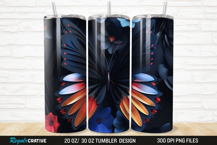 3D Black Butterfly Flower 20/30oz Skinny Tumbler example image 1