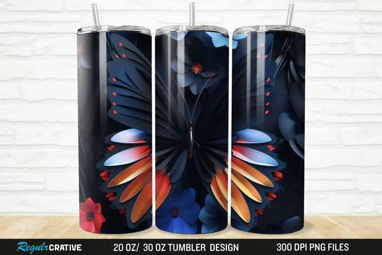 3D Black Butterfly Flower 20/30oz Skinny Tumbler