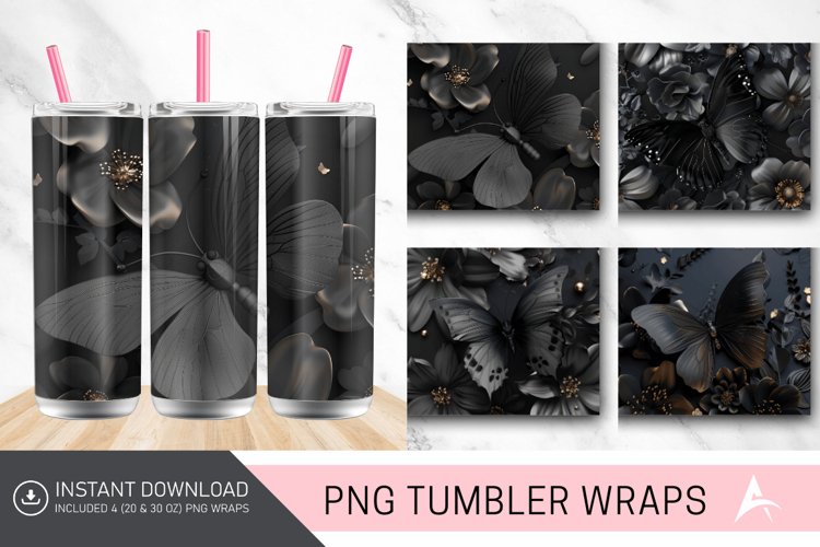 3D Black Butterfly flowers Tumbler Wrap example image 1