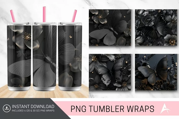 3D Black Butterfly flowers Tumbler Wrap