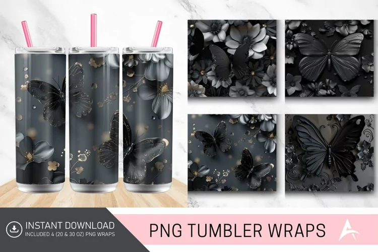 3D Black Butterfly flowers Tumbler Wrap