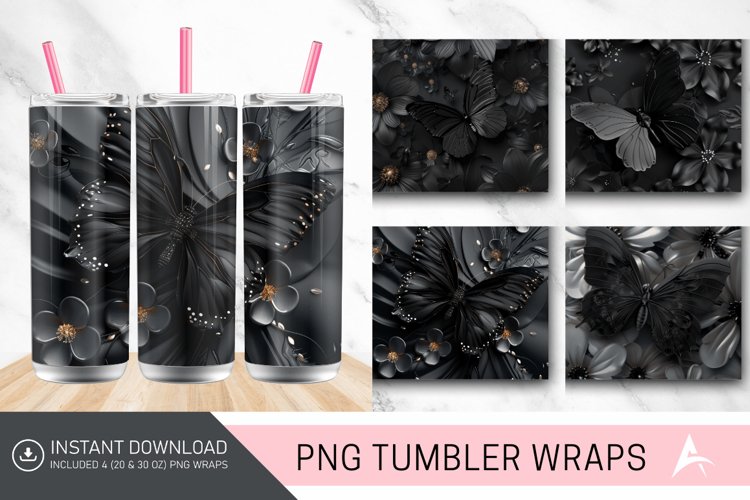 3D Black Butterfly flowers Tumbler Wrap example image 1
