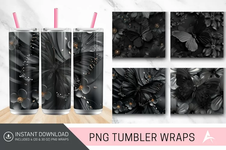 3D Black Butterfly flowers Tumbler Wrap