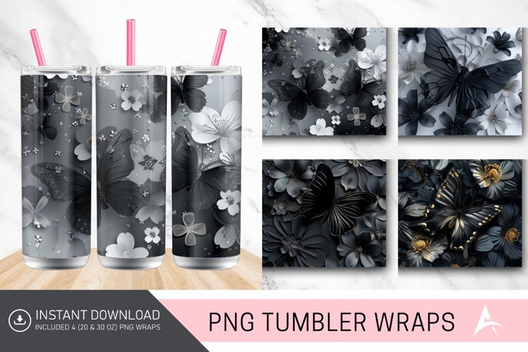 3D Black Butterfly flowers Tumbler Wrap example image 1