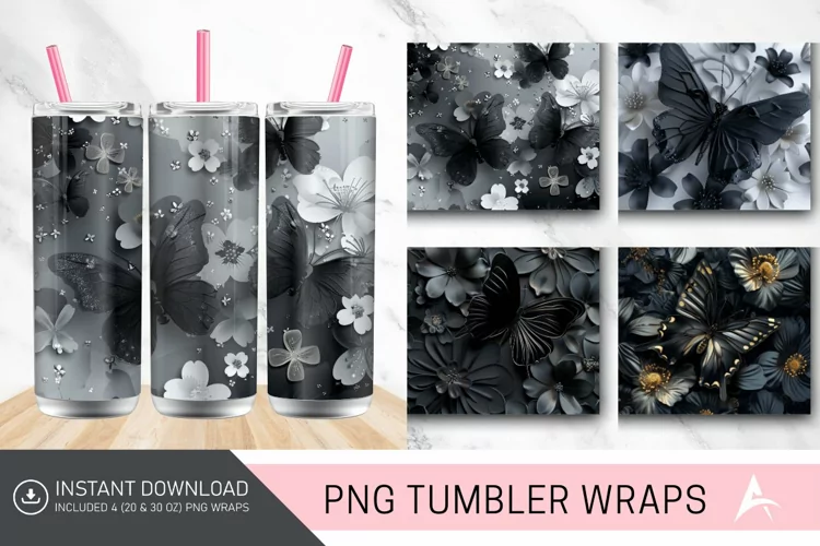 3D Black Butterfly flowers Tumbler Wrap