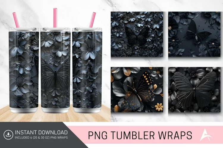 3D Black Butterfly flowers Tumbler Wrap