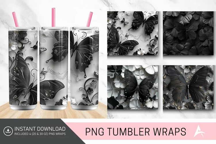 3D Black Butterfly flowers Tumbler Wrap