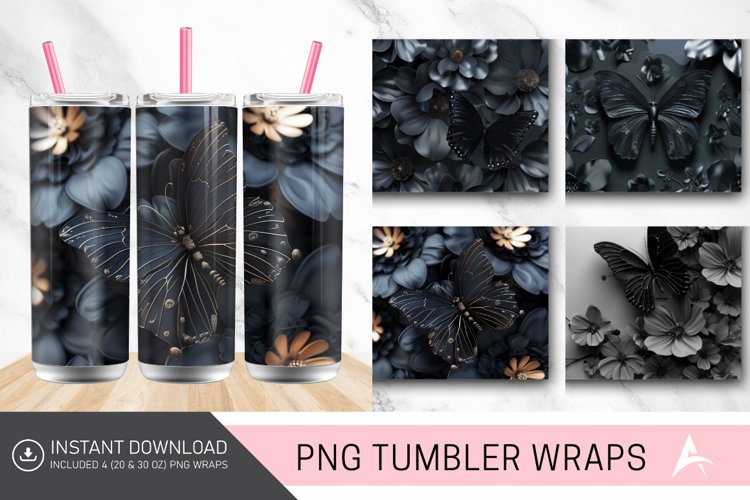 3D Black Butterfly flowers Tumbler Wrap example image 1