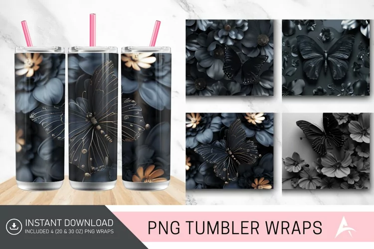 3D Black Butterfly flowers Tumbler Wrap