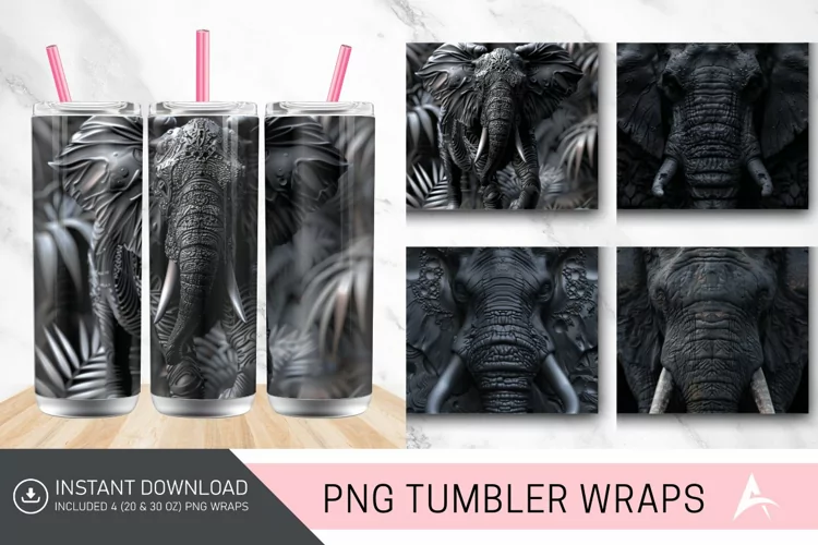 3D Black Elephant Tumbler wrap