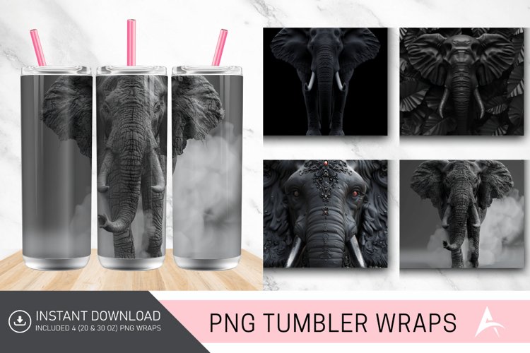 3D Black Elephant Tumbler wrap example image 1