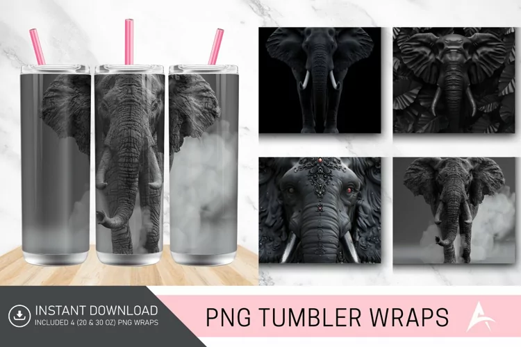 3D Black Elephant Tumbler wrap