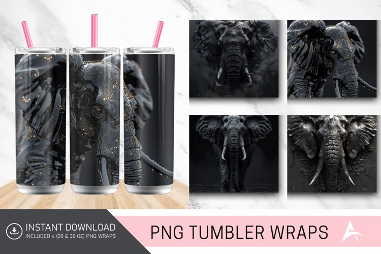 3D Black Elephant Tumbler wrap example image 1