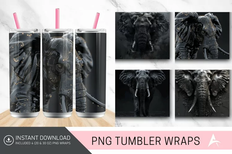 3D Black Elephant Tumbler wrap