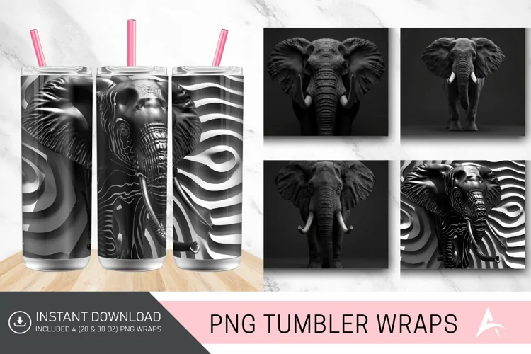 3D Black Elephant Tumbler wrap