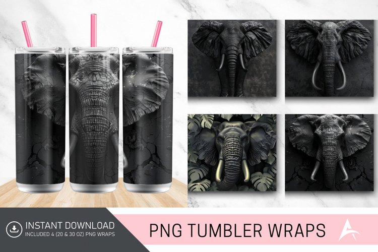 3D Black Elephant Tumbler wrap example image 1
