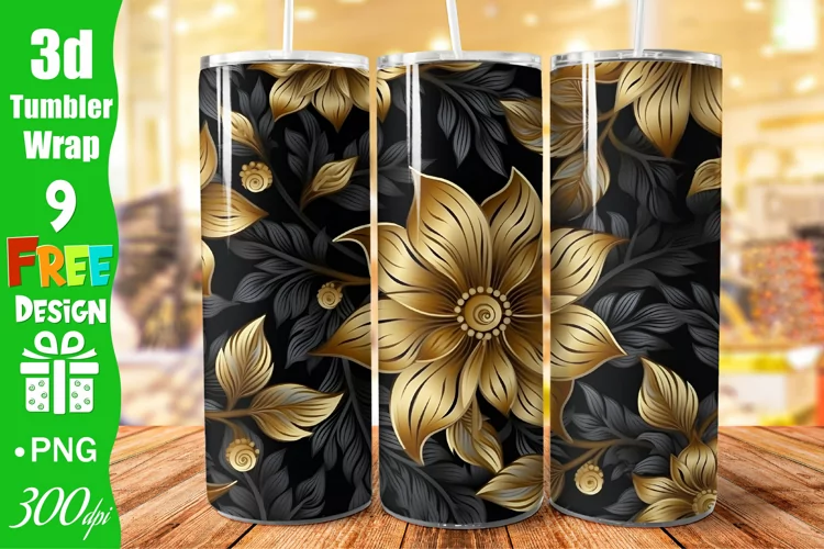 3D Black Gold Flowers Botanical Seamless 20oz Skinny Tumbler