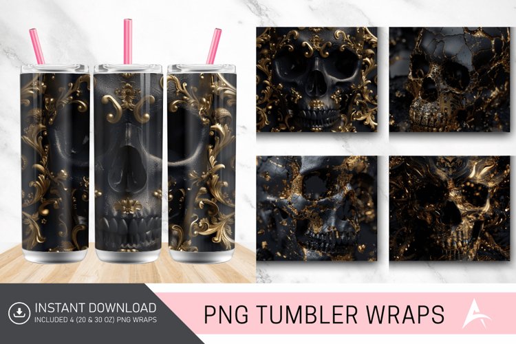 3D Black Gold Skull Tumbler Wrap