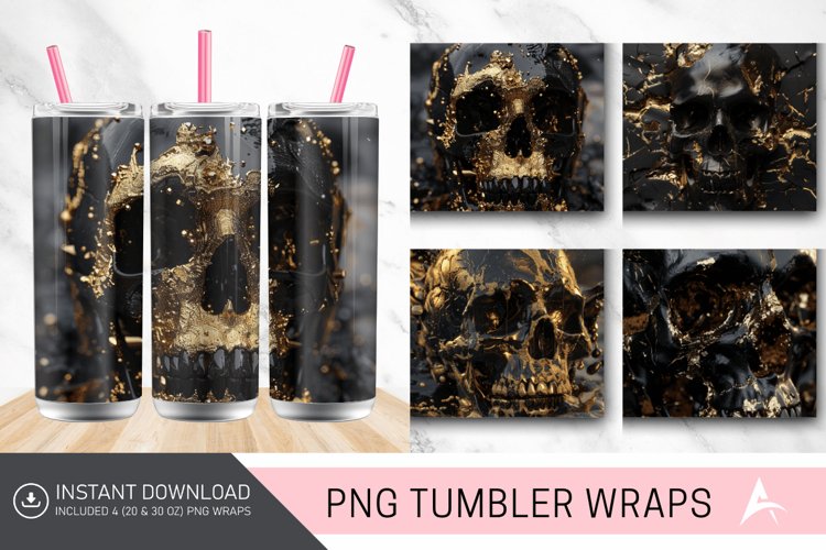 3D Black Gold Skull Tumbler Wrap