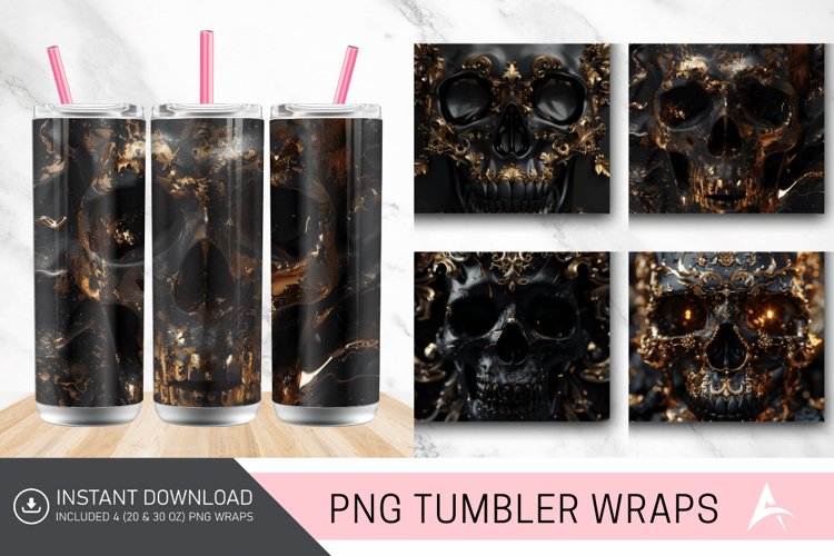 3D Black Gold Skull Tumbler Wrap
