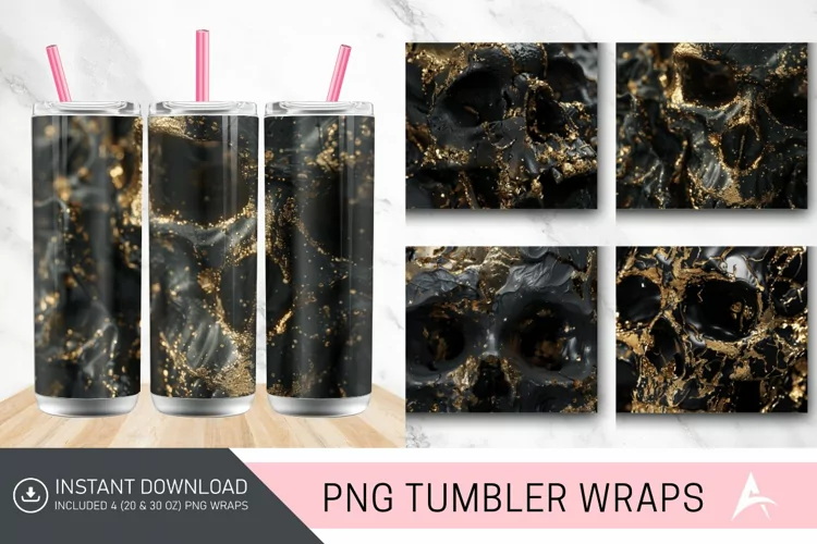 3D Black Gold Skull Tumbler Wrap