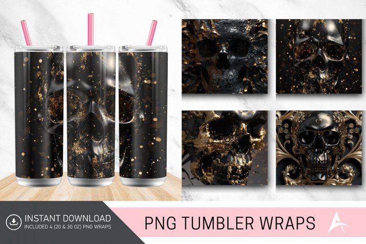3D Black Gold Skull Tumbler Wrap