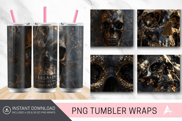 3D Black Gold Skull Tumbler Wrap example image 1